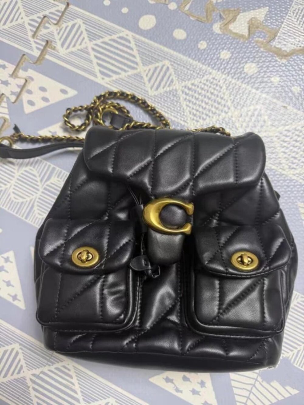 Coach Black Quilted Faux Leather Mini Backpack Gold‑Tone Chain Hardware